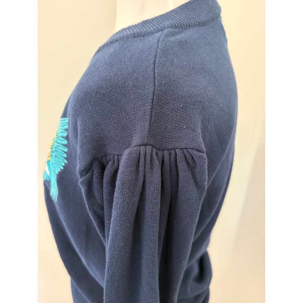 OXKNIT Bird Sweater Women Large Cottagecore Navy Blue V-Neck Embroidered Cotton - Picture 3 of 5